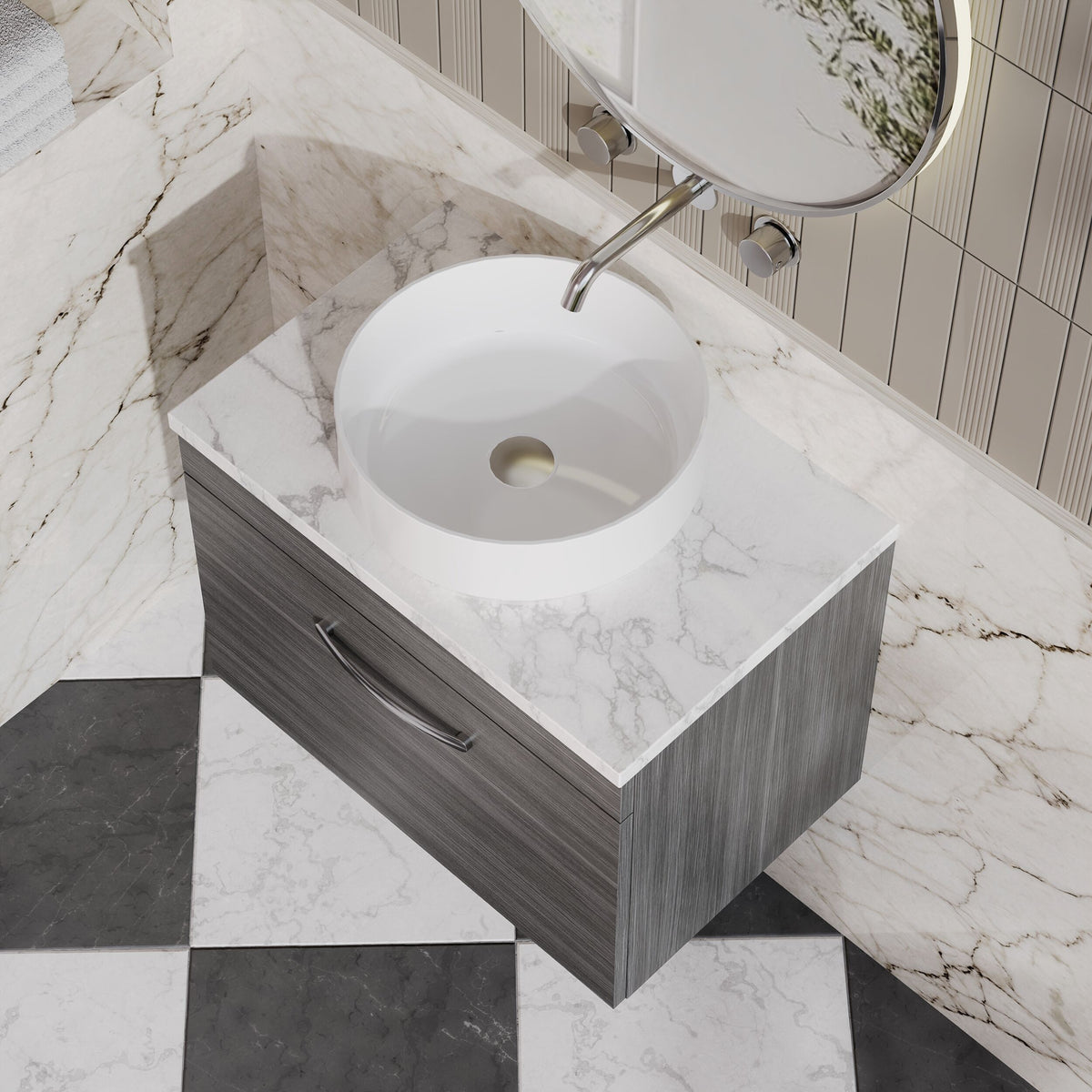 Modern Splash 600mm 1 Drawer Wall Hung Vanity Unit With Laminate Anthracite Woodgrain Worktop