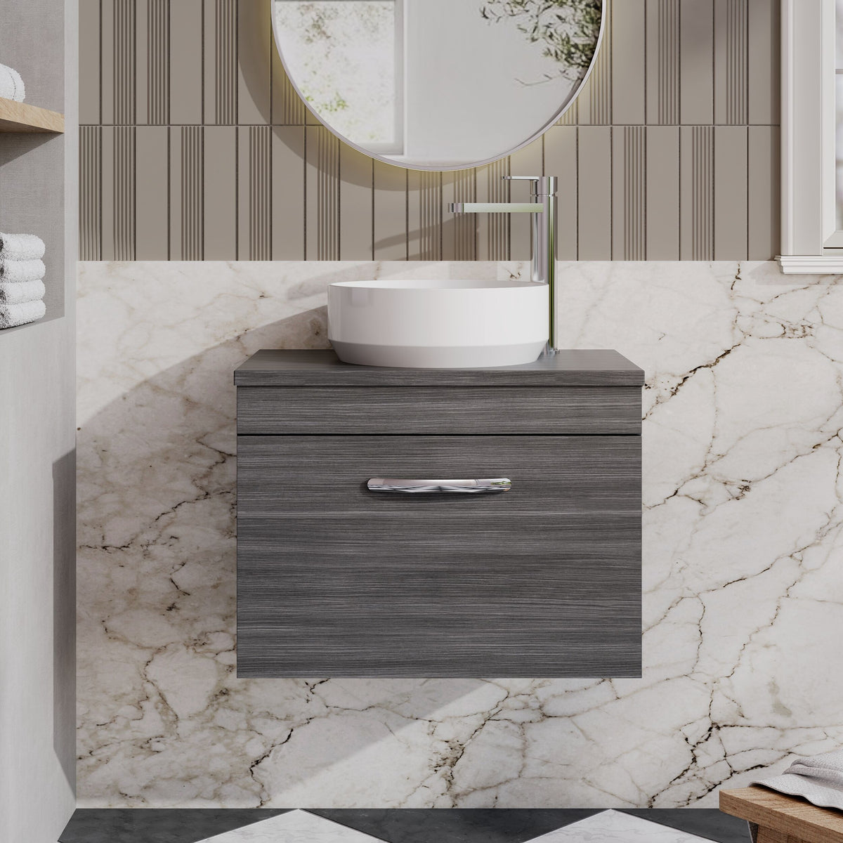 Modern Splash 600mm Anthracite Woodgrain Wall Hung Single Drawer Vanity Unit With Co-ordinating Worktop