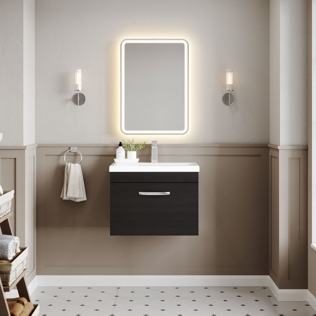 Modern Splash 600mm Charcoal Black 1 Drawer Wall Hung Vanity Unit With Mid-Edge Basin