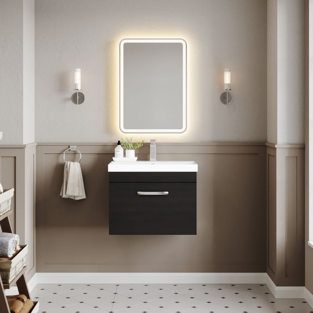 Modern Splash 600mm Charcoal Black 1 Drawer Wall Hung Vanity Unit With Thin Edge Basin