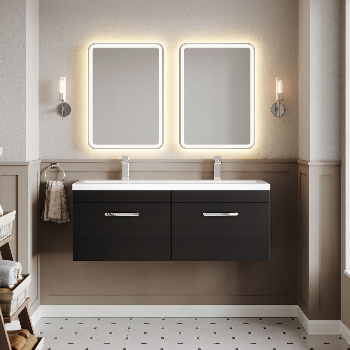 Modern Splash 1200mm Charcoal Black 2 Drawer Wall Hung Cabinet With 2 Tap Hole Ceramic Basin