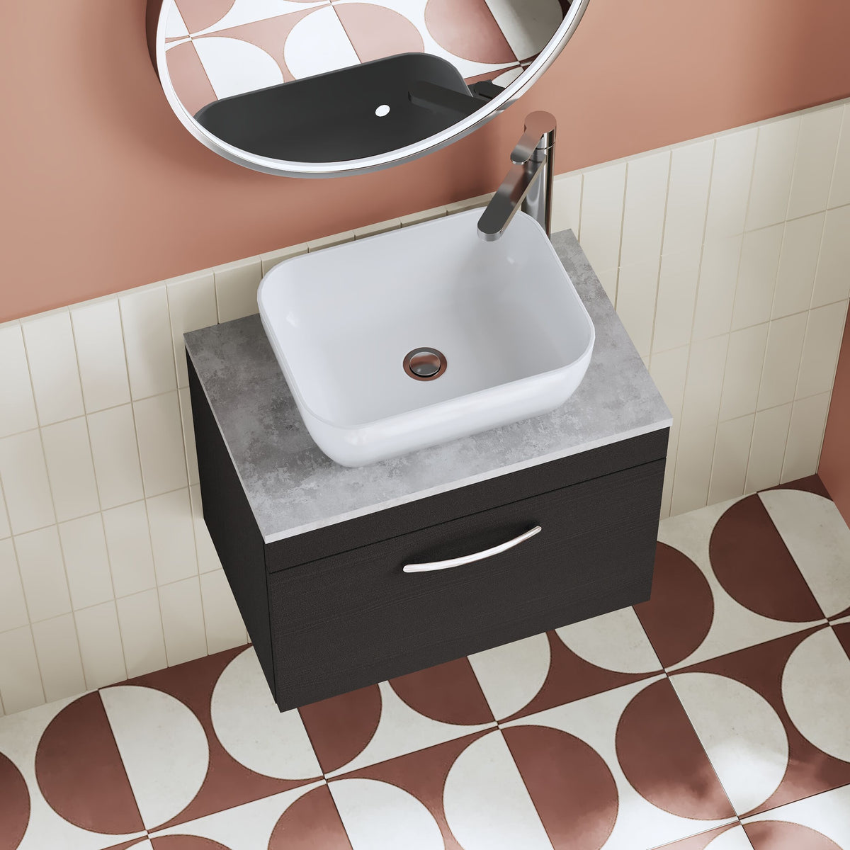 Modern Splash 600mm Charcoal Black 1 Drawer Wall Hung Vanity Unit With Bellato Grey Worktop