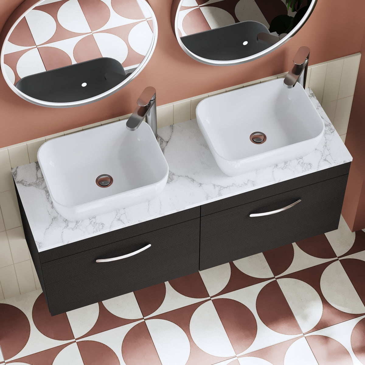 Modern Splash 1200mm Charcoal Black 2 Drawer Wall Hung Vanity With Carrara Laminate Worktop