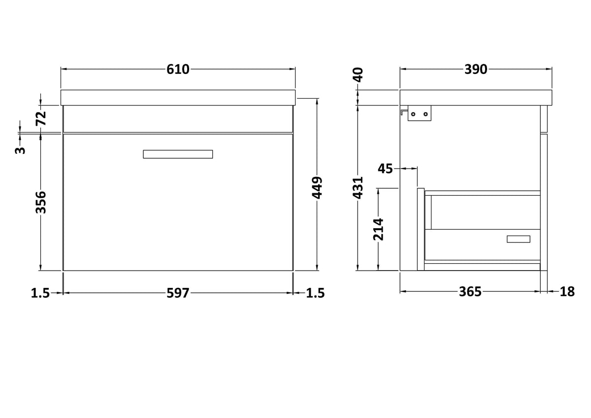 Modern Splash 600mm Gloss White 1 Drawer Wall Hung Vanity Unit With Mid-Edge Basin