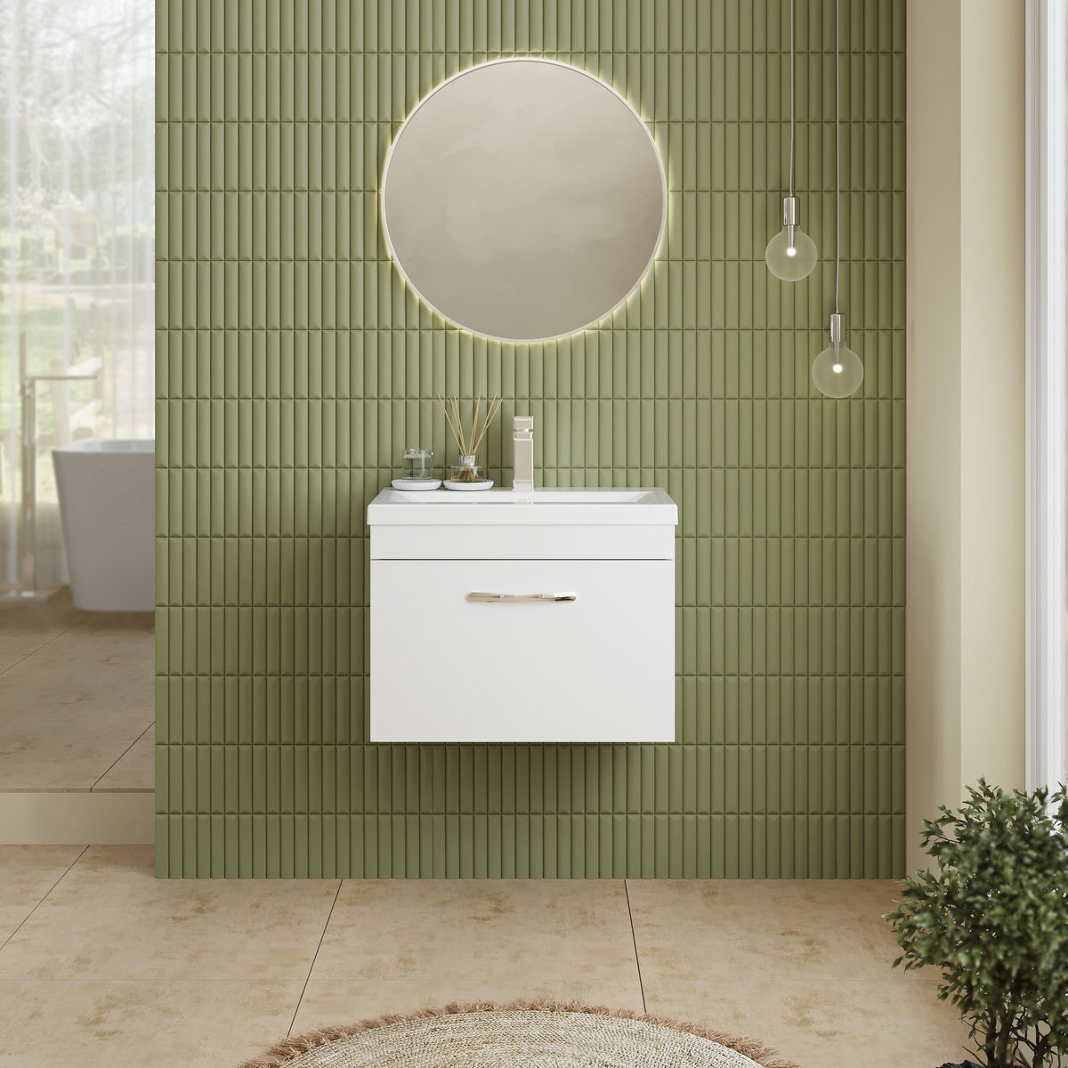 Modern Splash 600mm Gloss White 1 Drawer Wall Hung Vanity Unit With Mid-Edge Basin