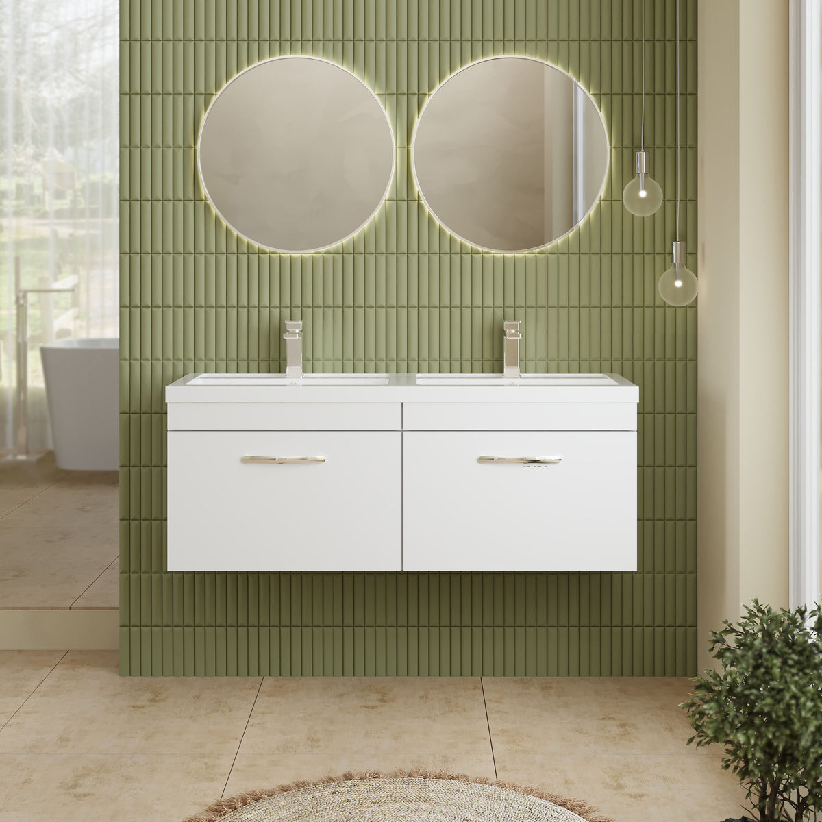 Modern Splash 1200mm Gloss White 2 Drawer Wall Hung Cabinet With 2 Tap Hole Polymarble basin