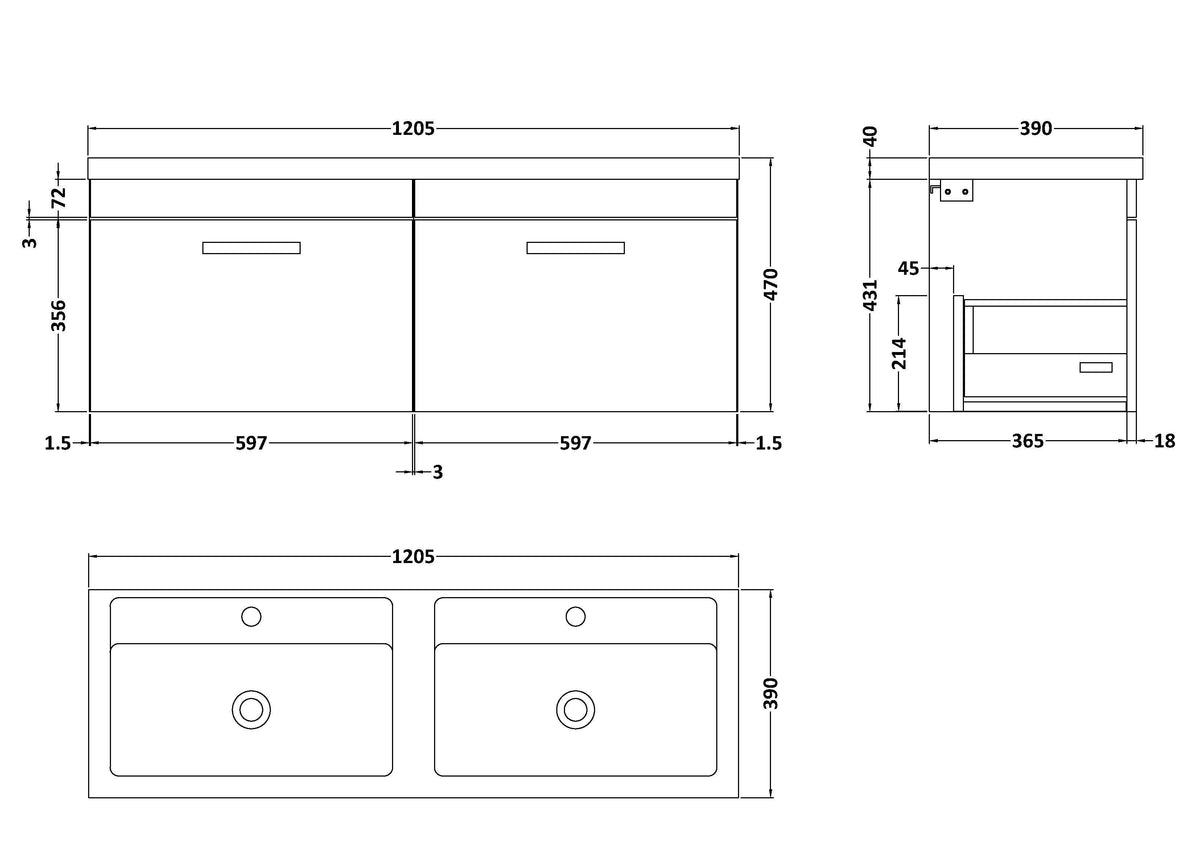 Modern Splash 1200mm Gloss White 2 Drawer Wall Hung Cabinet With 2 Tap Hole Ceramic Basin