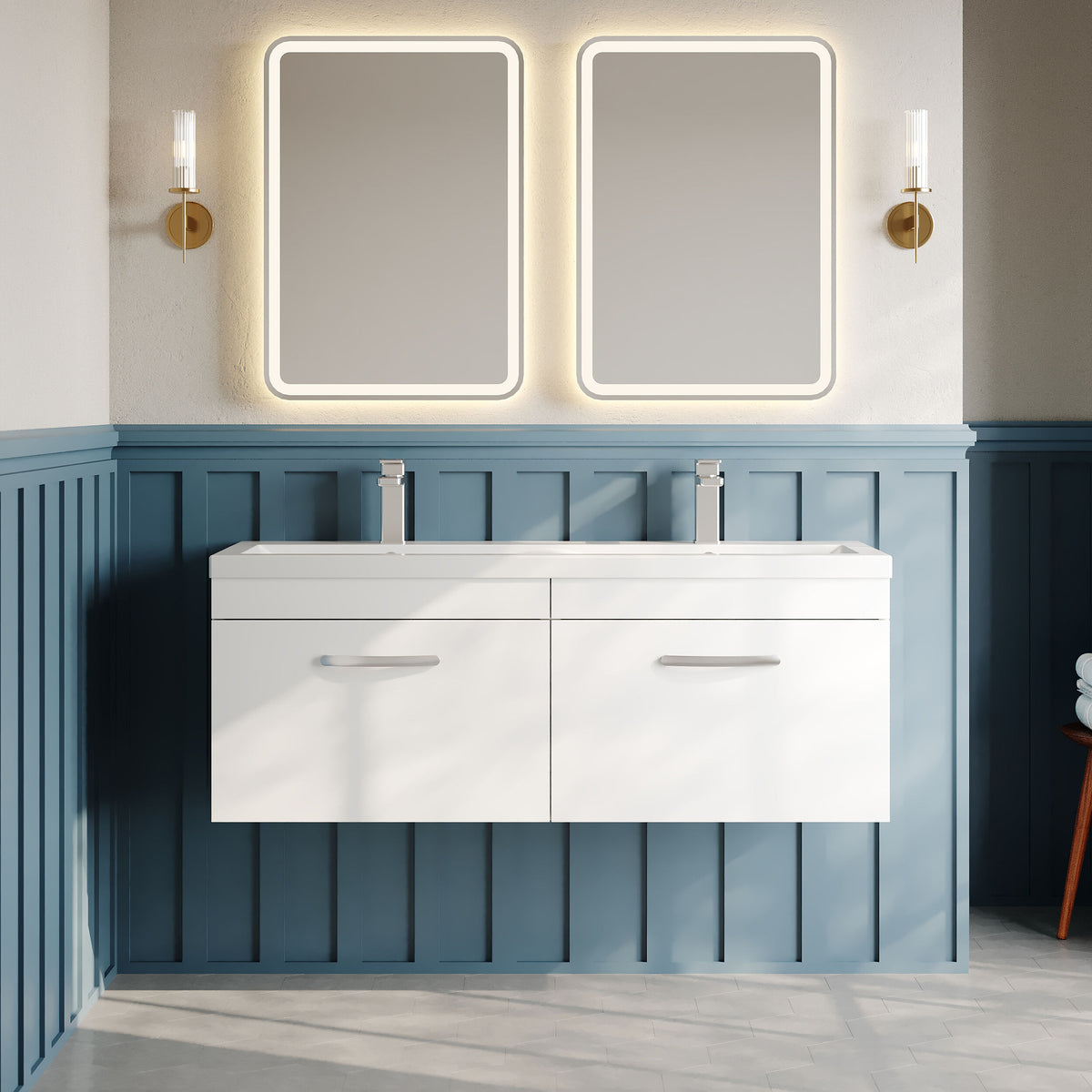 Modern Splash 1200mm Gloss White 2 Drawer Wall Hung Cabinet With 2 Tap Hole Ceramic Basin