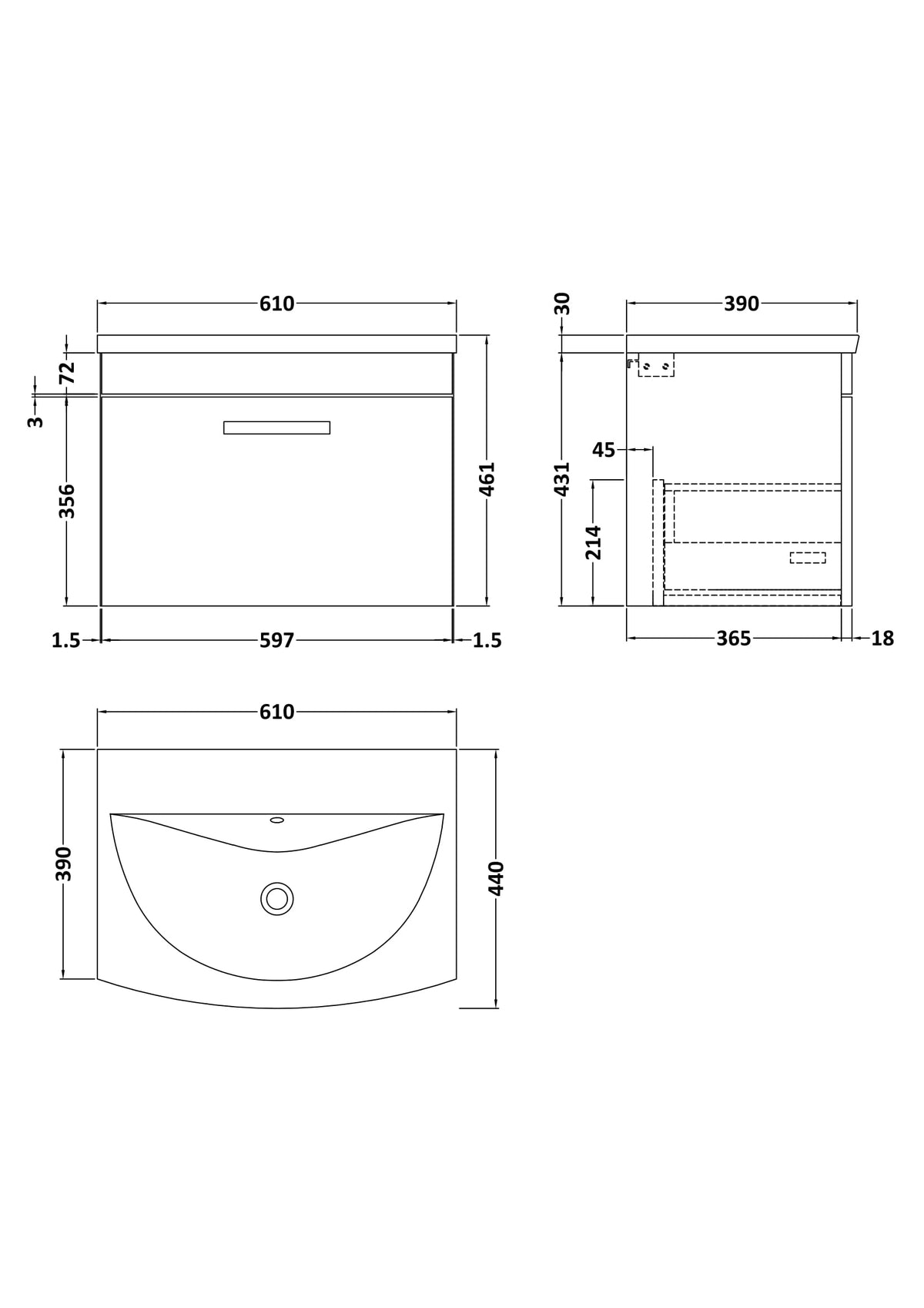 Modern Splash 600mm Gloss White 1 Drawer Wall Hung Vanity Unit With Curved Basin