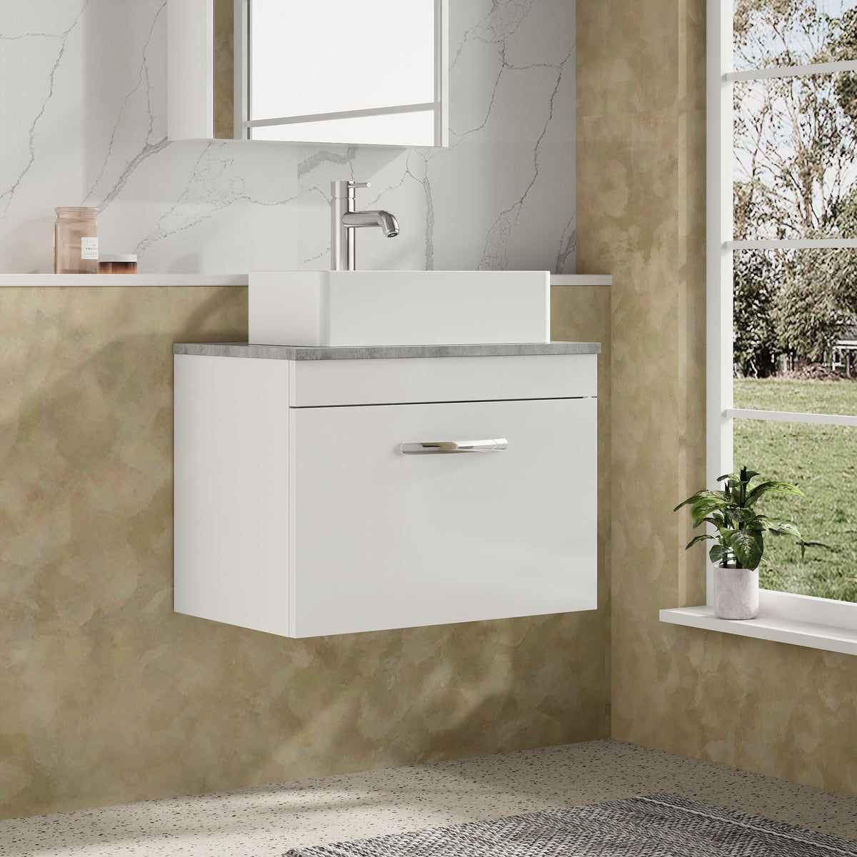 Modern Splash 600mm Gloss White 1 Drawer Wall Hung Vanity Unit With Bellato Grey Worktop