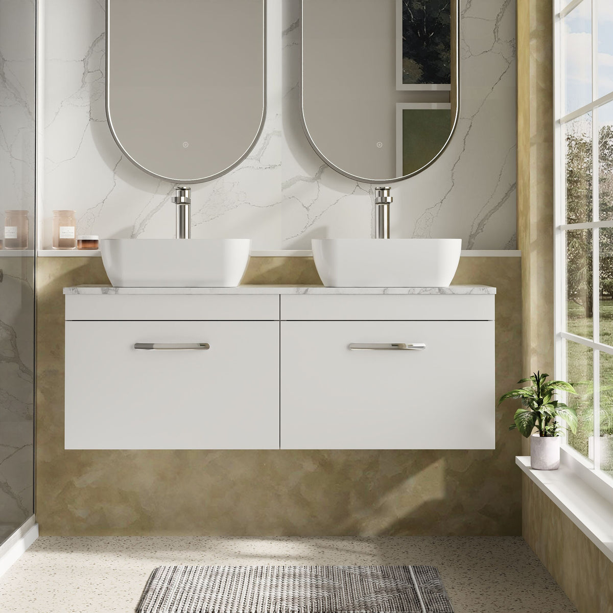 Modern Splash 1200mm Gloss White 2 Drawer Wall Hung Gloss White Vanity With Carrara Laminate Worktop
