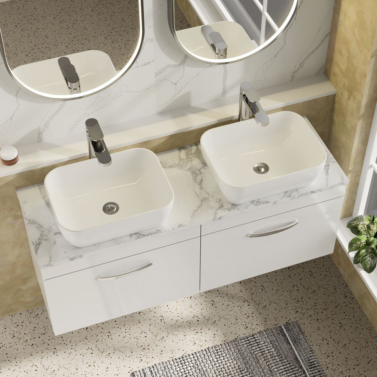 Modern Splash 1200mm Gloss White 2 Drawer Wall Hung Gloss White Vanity With Carrara Laminate Worktop