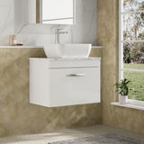 Modern Splash 600mm Gloss White 1 Drawer Wall Hung Vanity Unit With Carrara Laminate Worktop