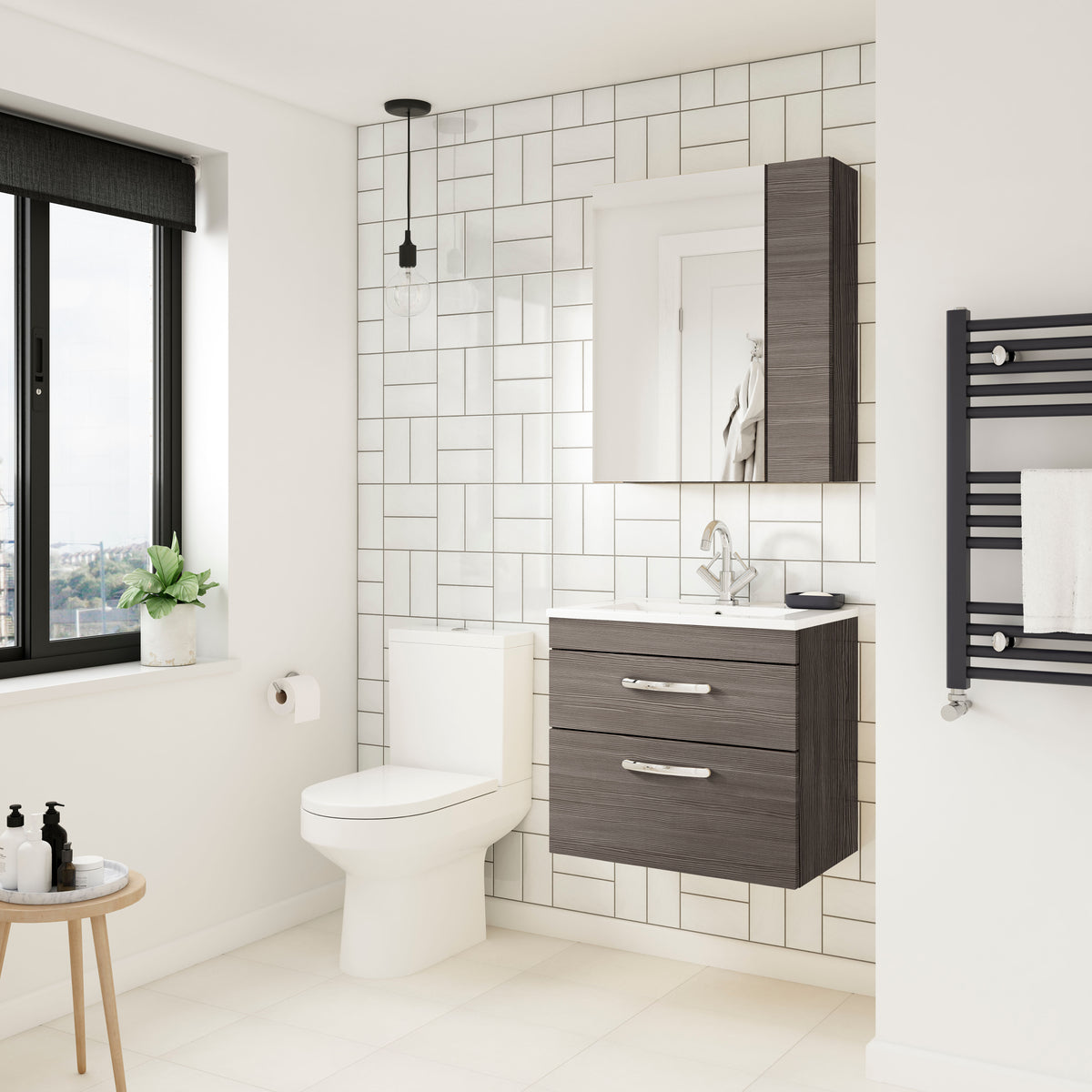 Modern Splash 600mm Anthracite Woodgrain 2 Drawer Wall Hung Vanity Unit With Minimalist Basin