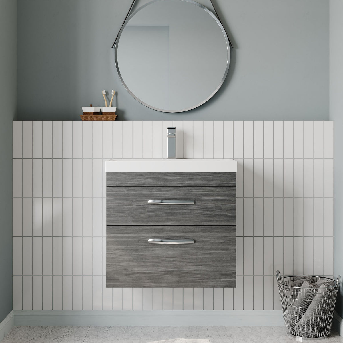Modern Splash 600mm Anthracite Woodgrain 2 Drawer Wall Hung Vanity Unit With Thin Edge Basin