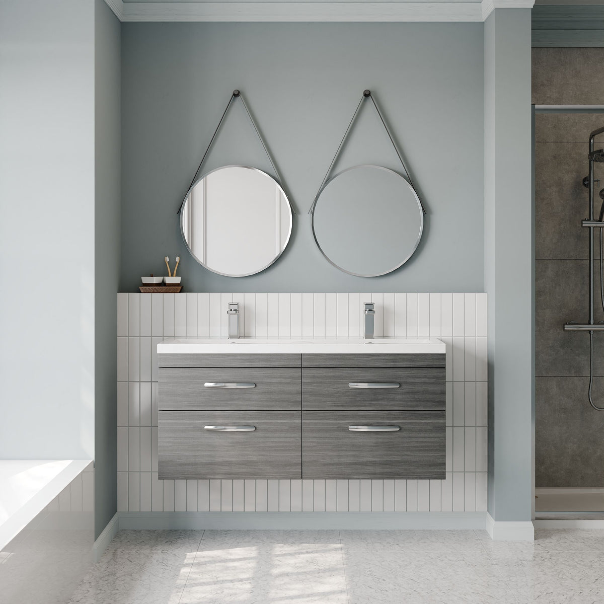 Modern Splash 1200mm Anthracite Woodgrain 4 Drawer Wall Hung Cabinet With 2 Tap Hole Ceramic Basin
