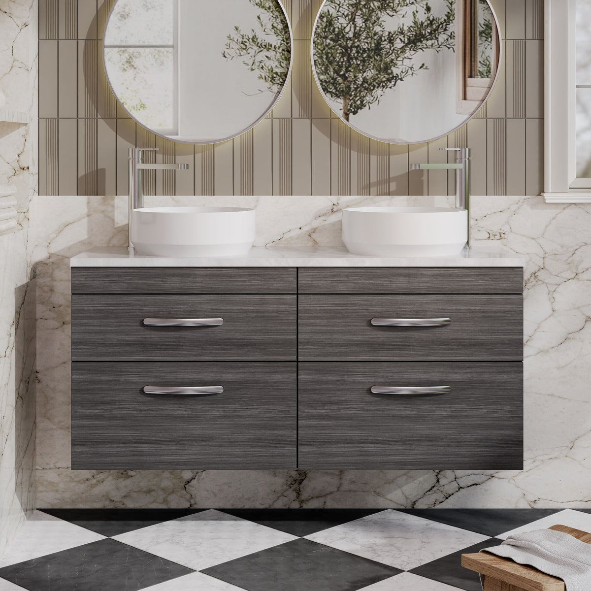 Modern Splash 1200mm 4 Drawer Wall Hung Vanity Unit With Bellato Grey Worktop