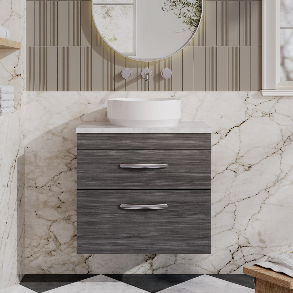 Modern Splash 600mm 2 Drawer Wall Hung Anthracite Woodgrain Vanity Unit With Bellato Grey Worktop