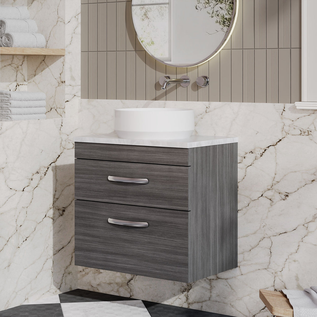 Modern Splash 600mm 2 Drawer Wall Hung Anthracite Woodgrain Vanity Unit With Bellato Grey Worktop