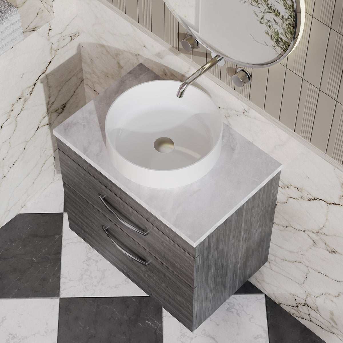 Modern Splash 600mm 2 Drawer Wall Hung Anthracite Woodgrain Vanity Unit With Bellato Grey Worktop