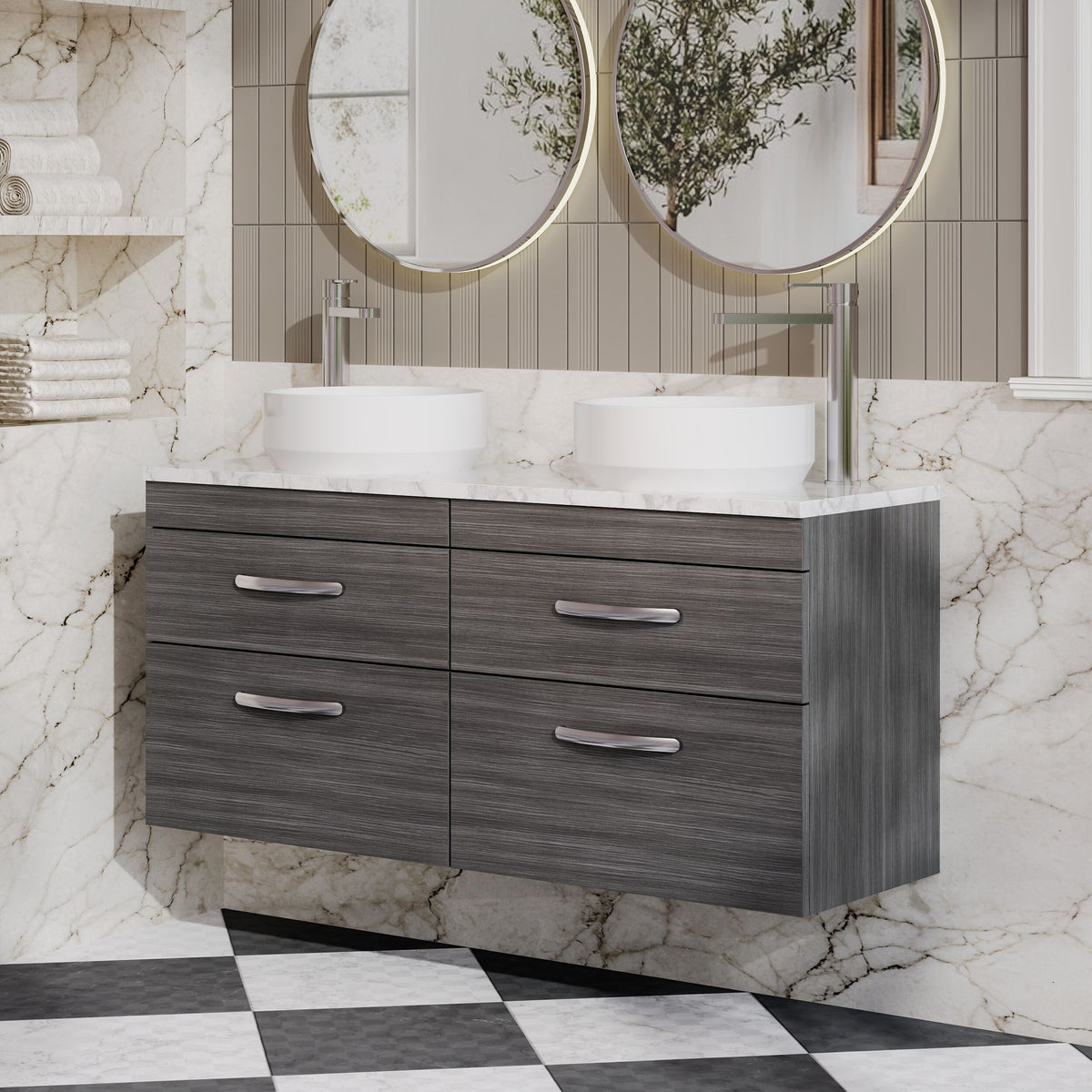 Modern Splash 1200mm Anthracite Woodgrain 4 Drawer Wall Hung Vanity With Carrara Laminate Worktop