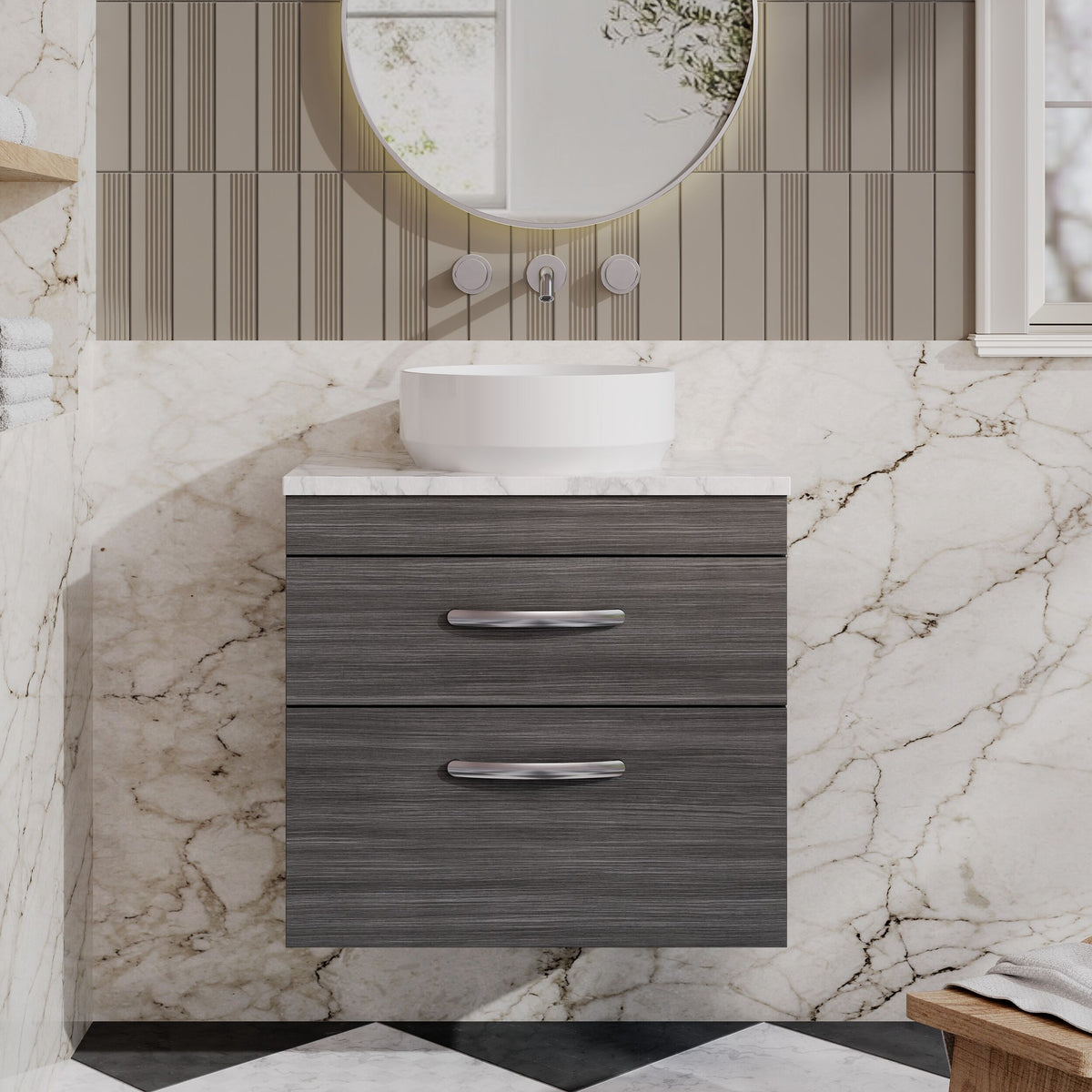 Modern Splash 600mm 2 Drawer Wall Hung Vanity Unit With Laminate Anthracite Woodgrain Worktop