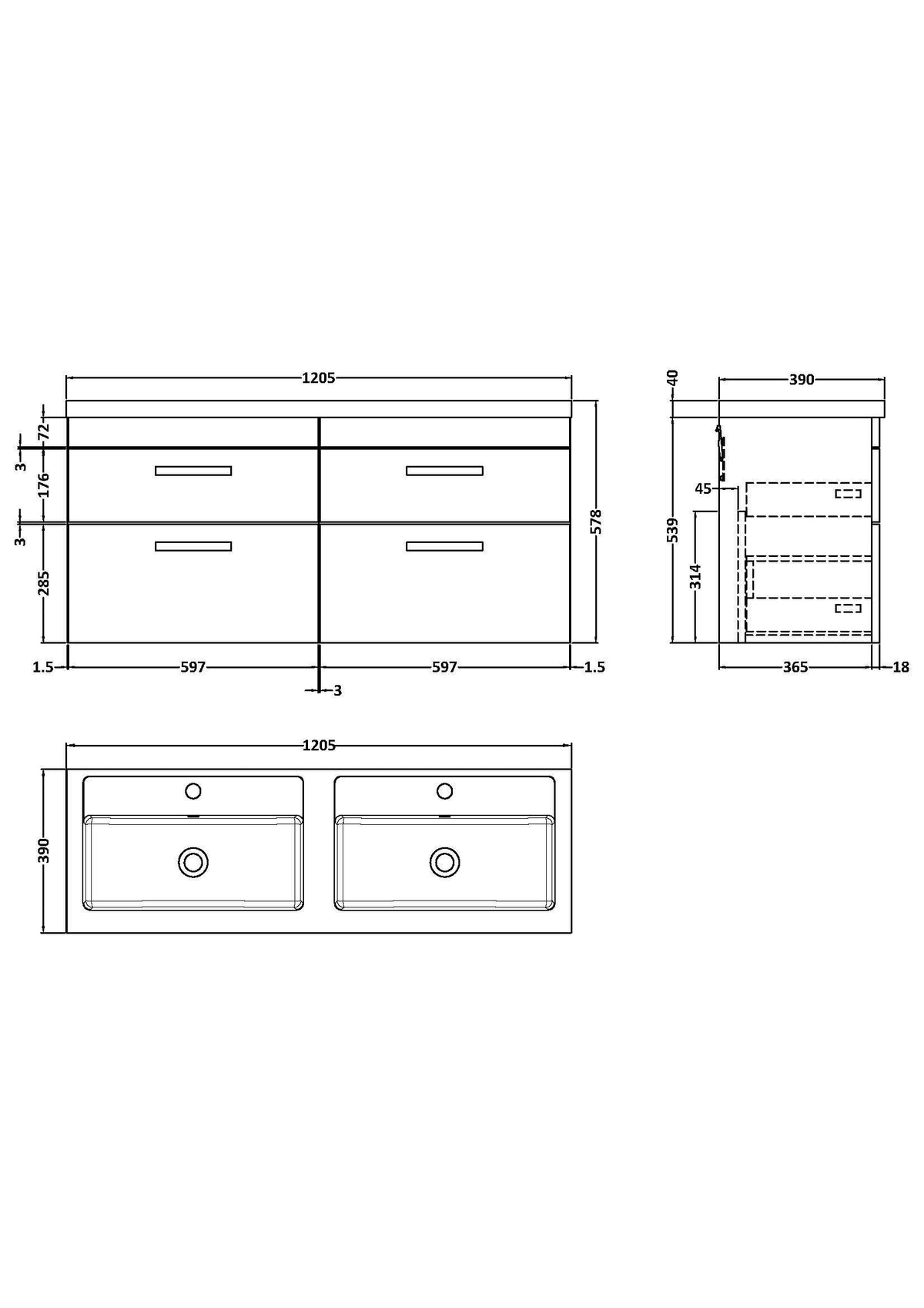 Modern Splash 1200mm Charcoal Black 4 Drawer Wall Hung Cabinet With 2 Tap Hole Polymarble basin