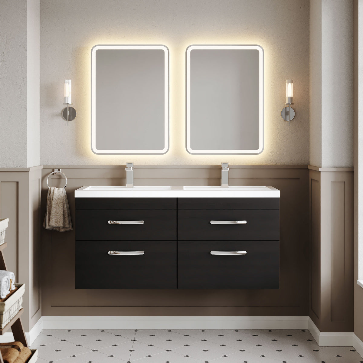 Modern Splash 1200mm Charcoal Black 4 Drawer Wall Hung Cabinet With 2 Tap Hole Polymarble basin