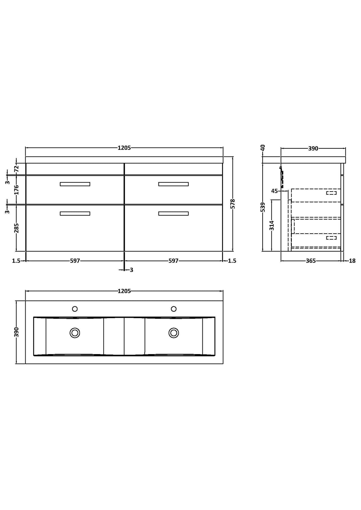 Modern Splash 1200mm Charcoal Black 4 Drawer Wall Hung Cabinet With 2 Tap Hole Ceramic Basin