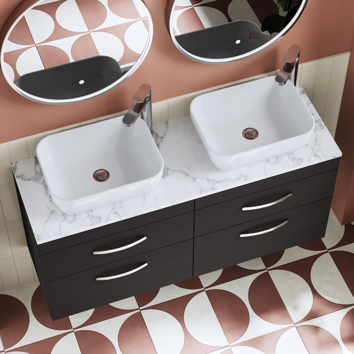 Modern Splash 1200mm Charcoal Black 4 Drawer Wall Hung Vanity With Carrara Laminate Worktop
