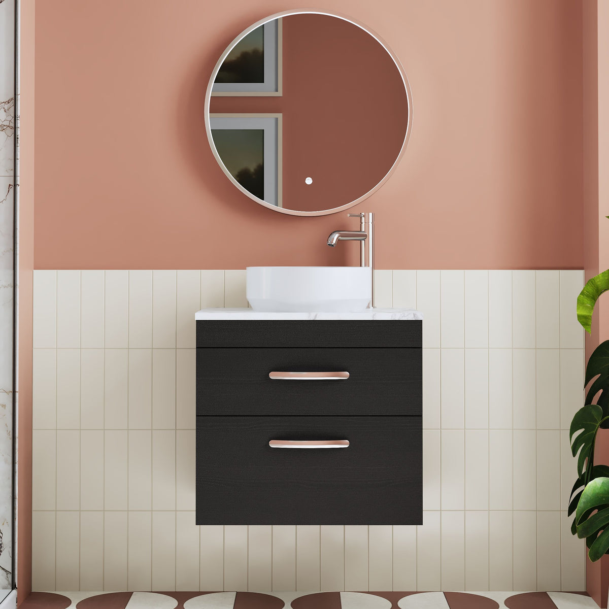 Modern Splash 600mm Charcoal Black 2 Drawer Wall Hung Vanity Unit With Carrara Laminate Worktop