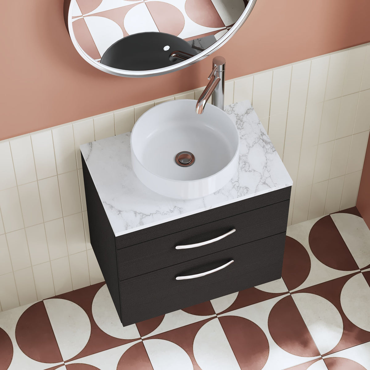 Modern Splash 600mm Charcoal Black 2 Drawer Wall Hung Vanity Unit With Carrara Laminate Worktop