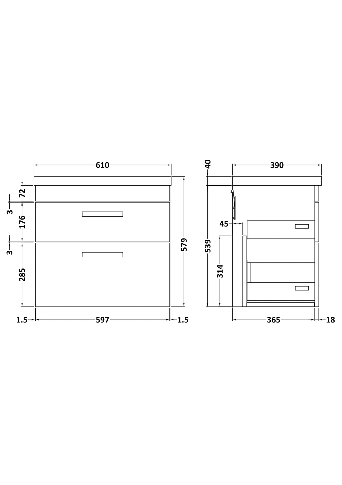 Modern Splash 600mm Gloss White 2 Drawer Wall Hung Vanity Unit With Mid-Edge Basin