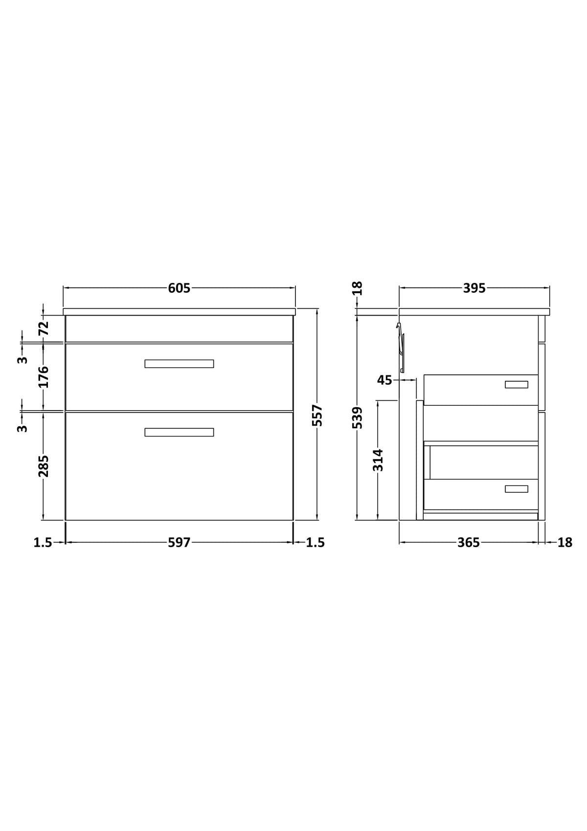 Modern Splash 600mm Gloss White 2 Drawer Wall Hung Vanity Unit With Minimalist Basin
