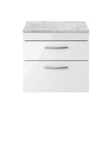 Modern Splash 600mm Gloss White 2 Drawer Wall Hung Vanity Unit With Bellato Grey Worktop