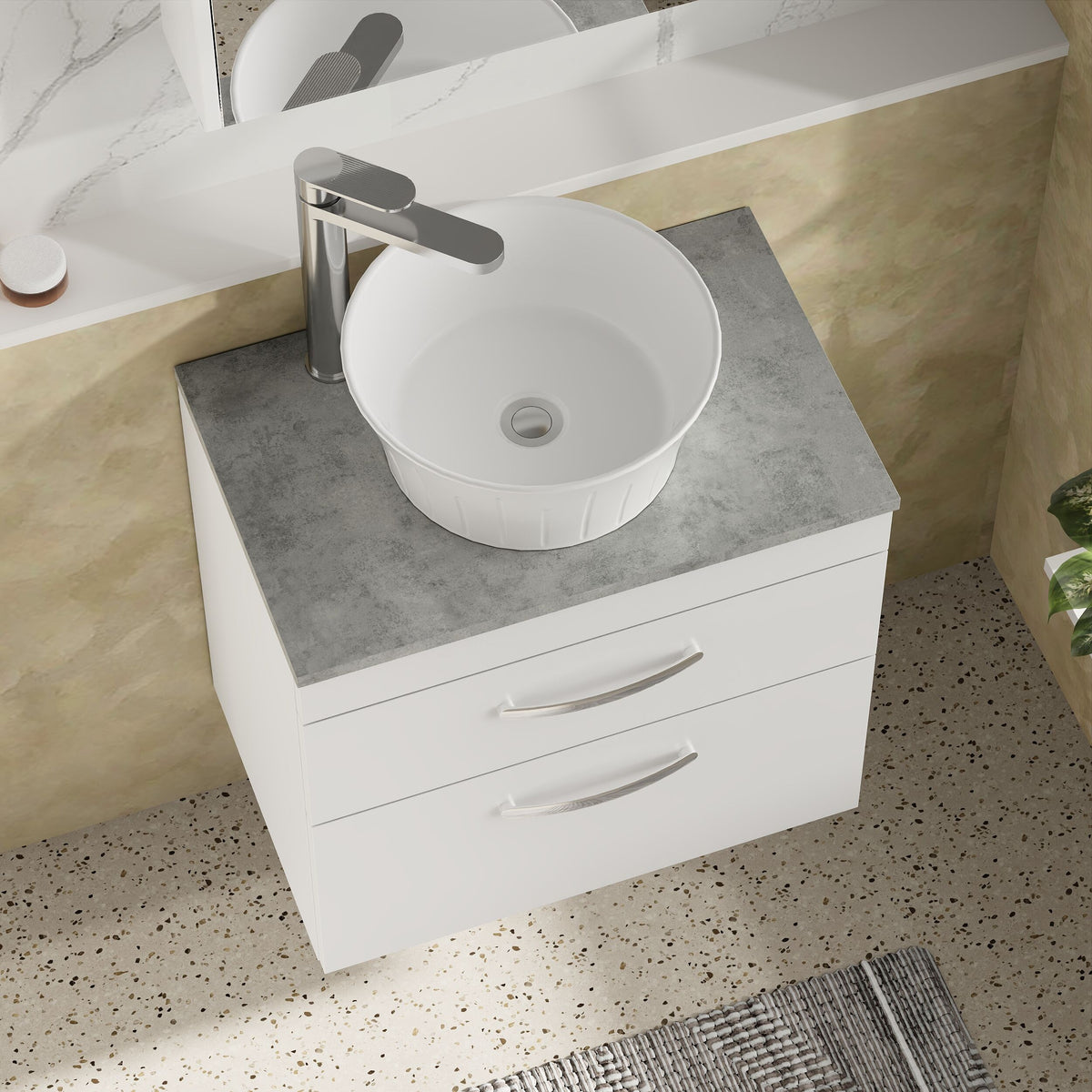 Modern Splash 600mm Gloss White 2 Drawer Wall Hung Vanity Unit With Bellato Grey Worktop