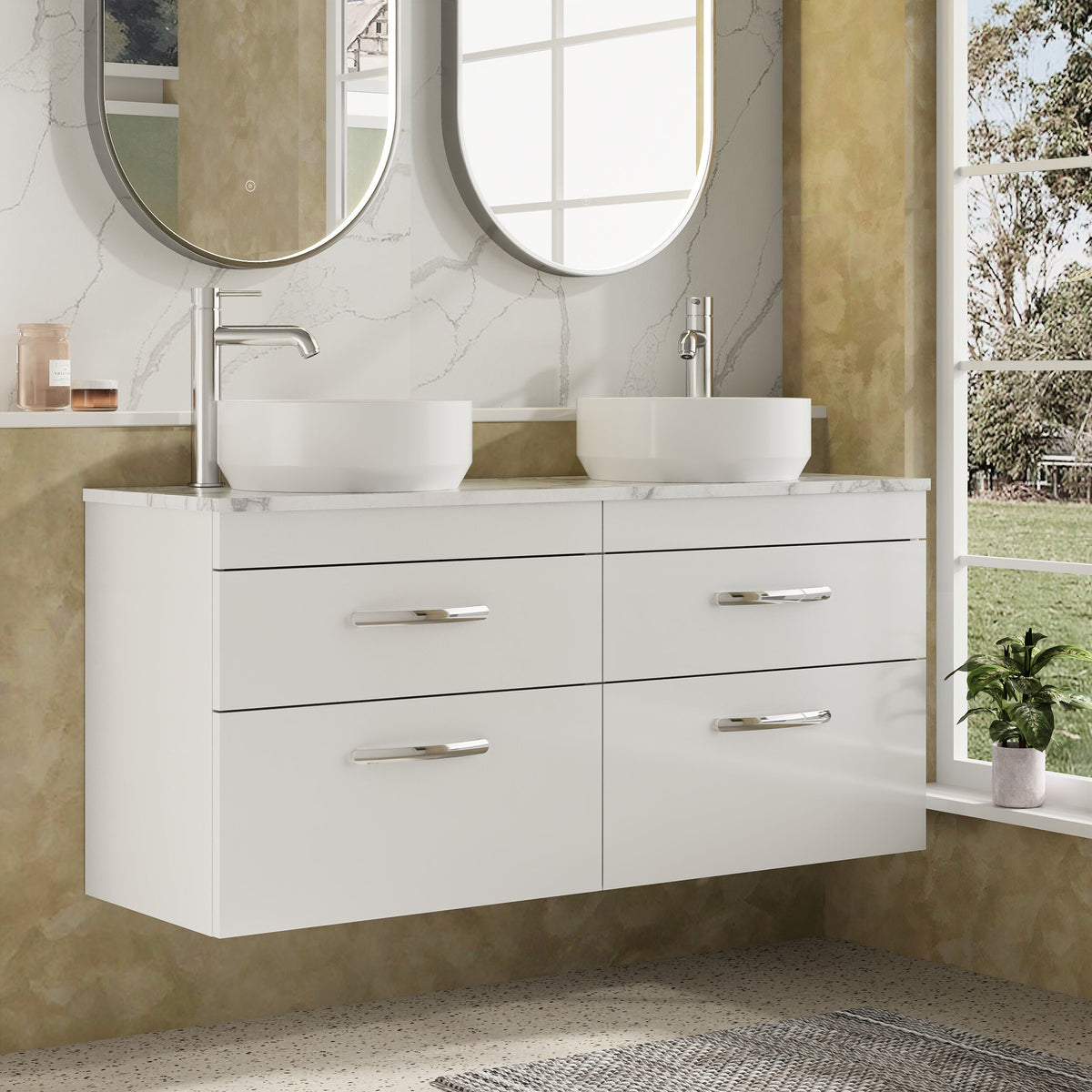 Modern Splash 1200mm Gloss White 4 Drawer Wall Hung Vanity With Carrara Laminate Worktop