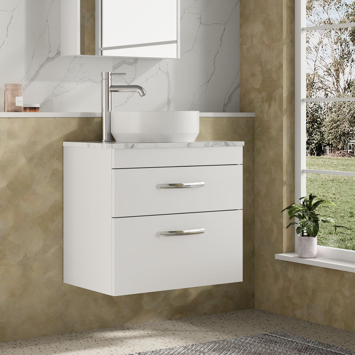 Modern Splash 600mm Gloss White 2 Drawer Wall Hung Vanity Unit With Carrara Laminate Worktop
