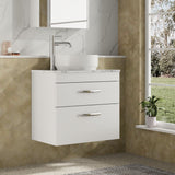 Modern Splash 600mm Gloss White 2 Drawer Wall Hung Vanity Unit With Carrara Laminate Worktop