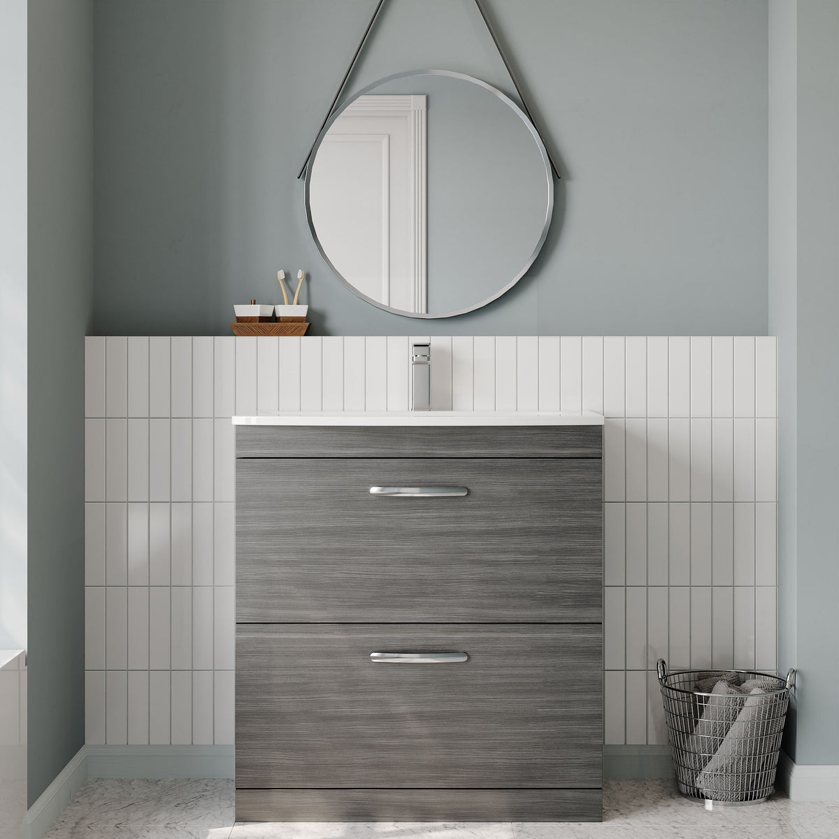 Modern Splash 800mm Anthracite Woodgrain 2 Drawer Floor Standing Vanity Unit With Curved Basin