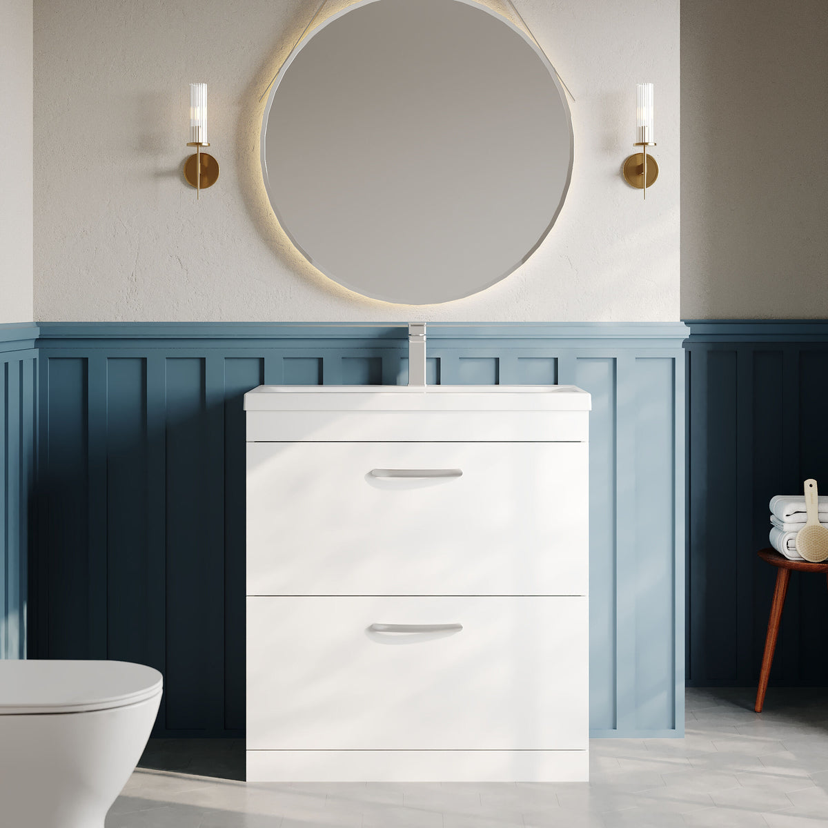 Modern Splash 800mm Gloss White 2 Drawer Floor Standing Vanity Unit With Mid-Edge Basin