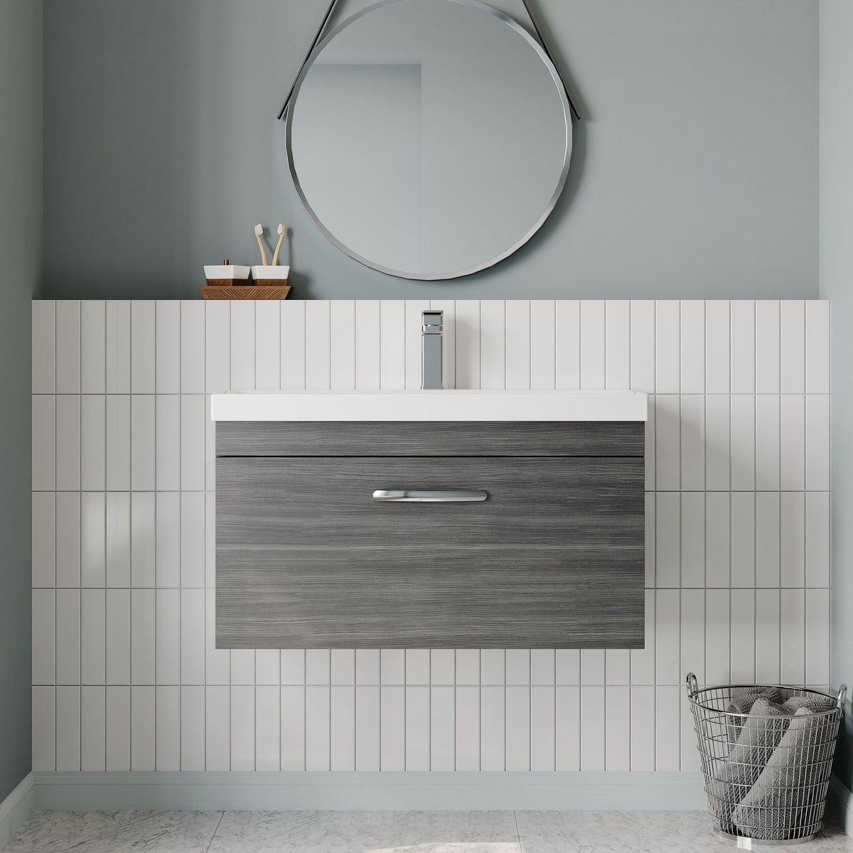 Modern Splash 800mm Anthracite Woodgrain 1 Drawer Wall Hung Vanity Unit With Thin Edge Basin