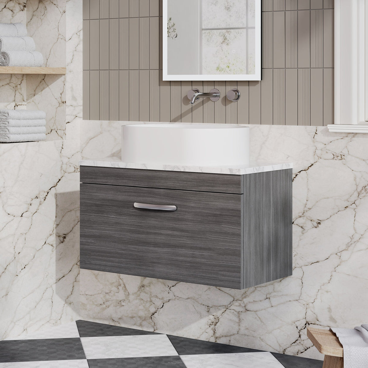 Modern Splash 800mm Anthracite Woodgrain 1 Drawer Wall Hung Vanity Unit With Carrara Laminate Worktop