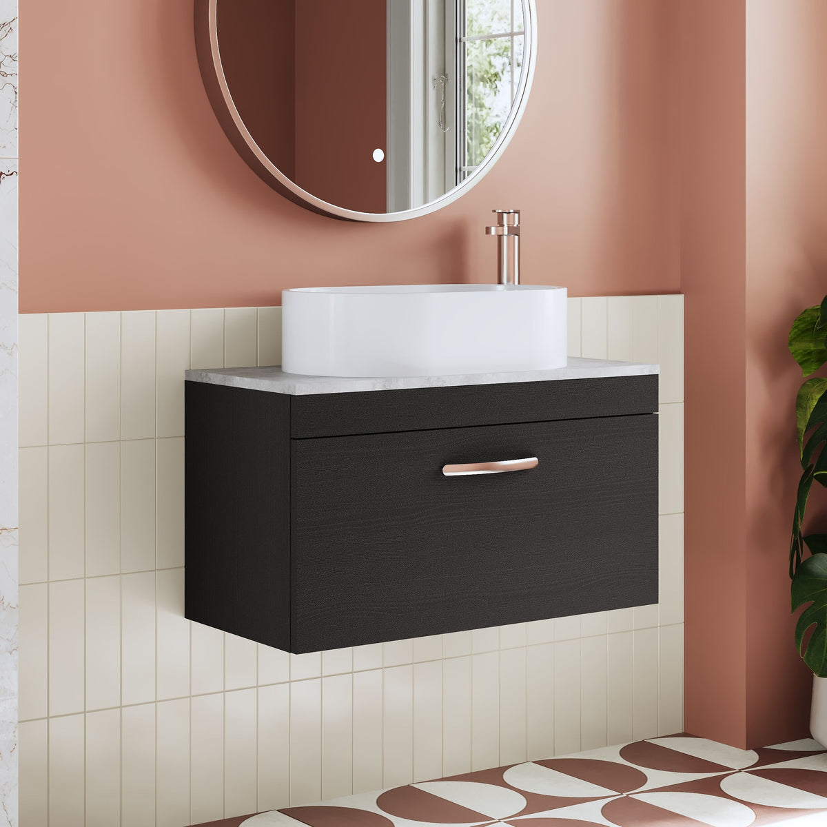 Modern Splash 800mm Charcoal Black 1 Drawer Wall Hung Vanity Unit With Bellato Grey Worktop
