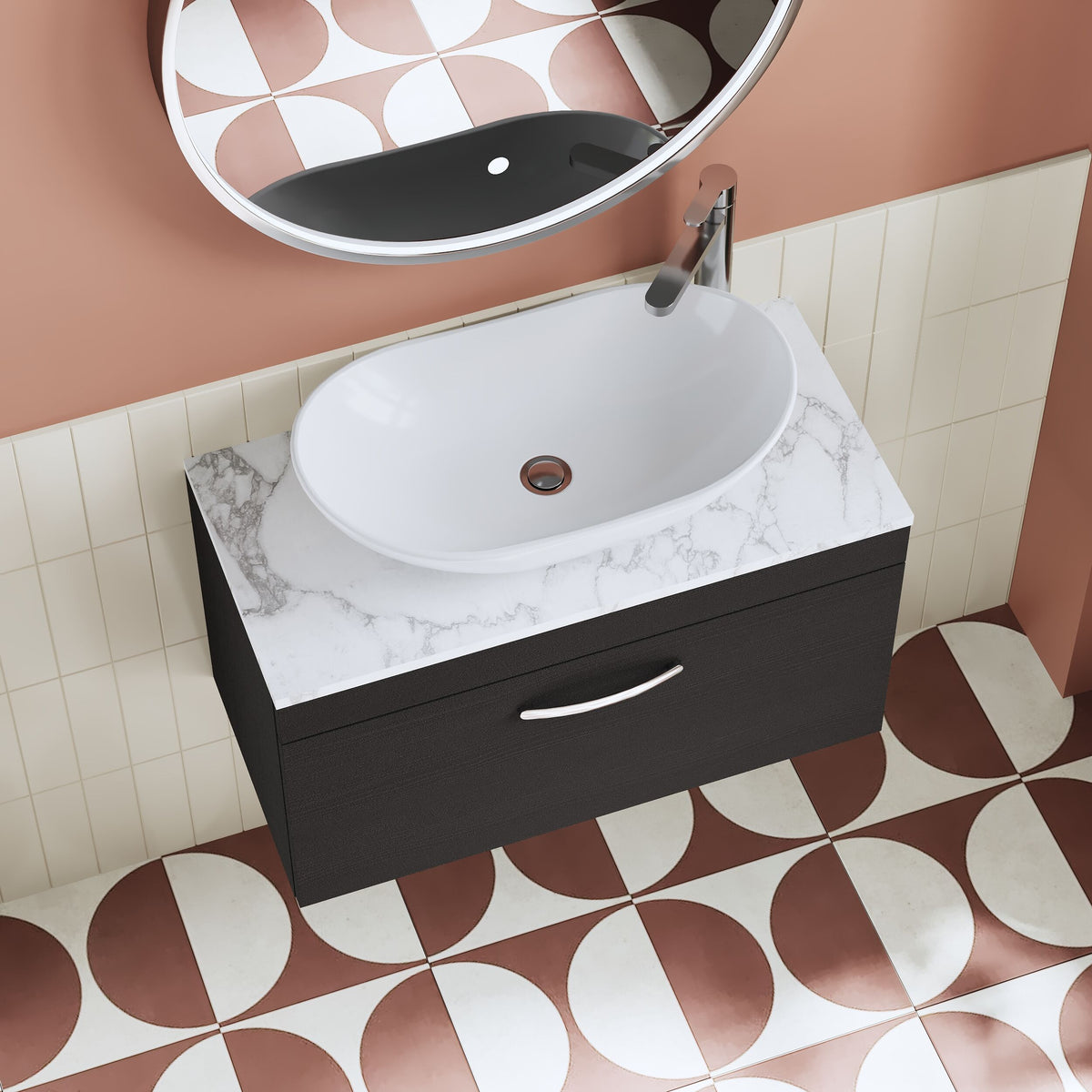 Modern Splash 800mm Charcoal Black 1 Drawer Wall Hung Vanity Unit With Carrara Laminate Worktop