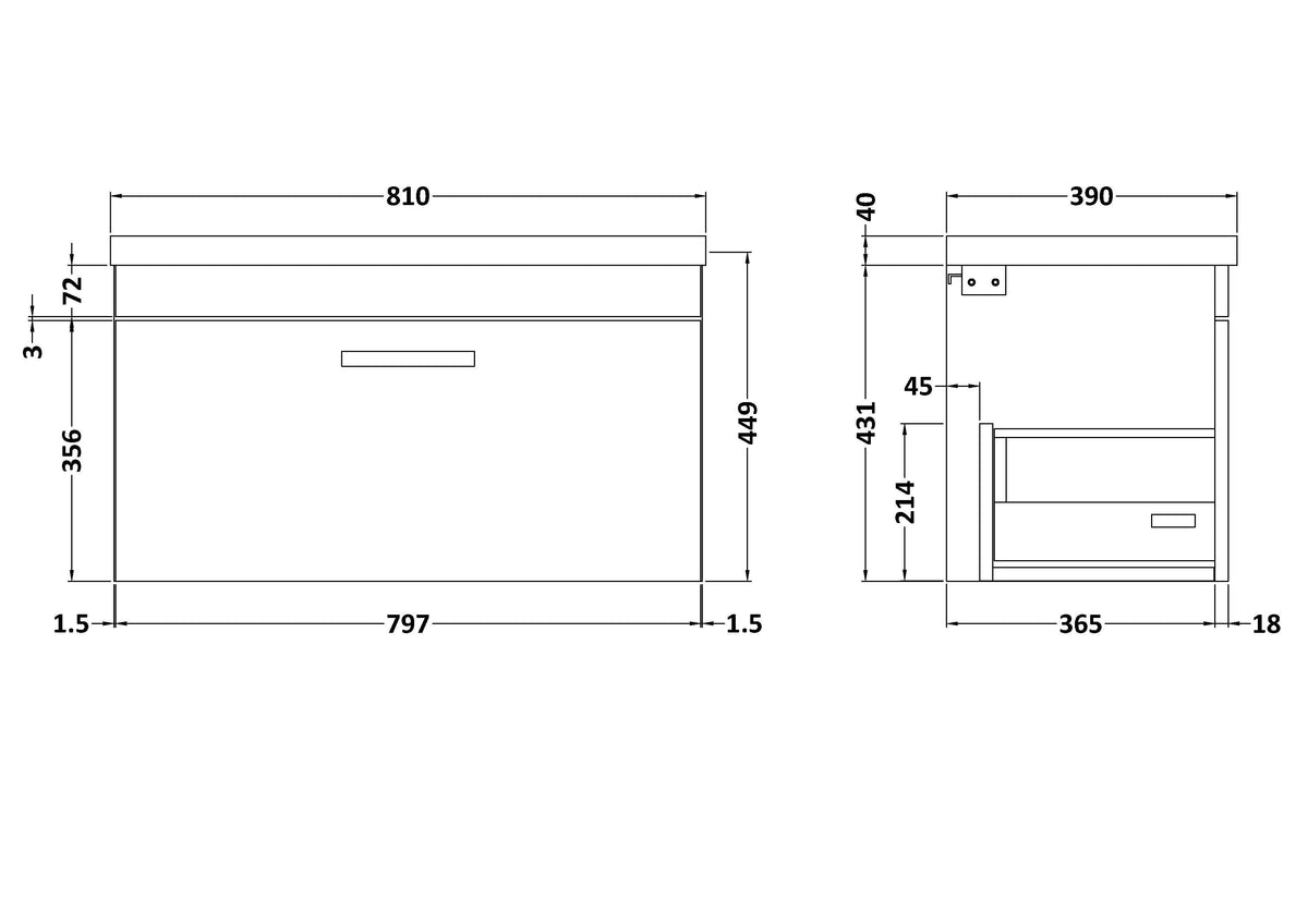 Modern Splash 800mm Gloss White 1 Drawer Wall Hung Vanity Unit With Mid-Edge Basin