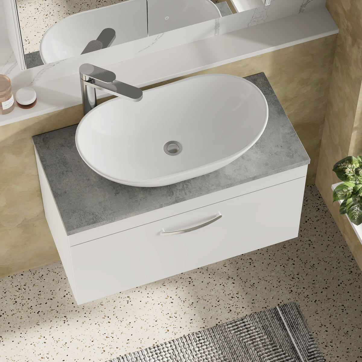 Modern Splash 800mm Gloss White Gloss White Wall Hung Vanity Unit With Bellato Grey Worktop