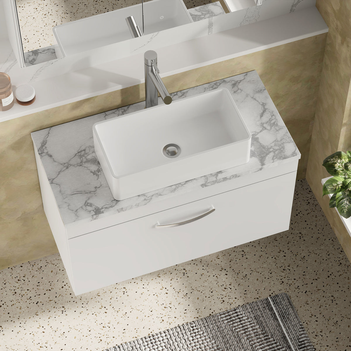 Modern Splash 800mm Gloss White 1 Drawer Wall Hung Vanity Unit With Carrara Laminate Worktop