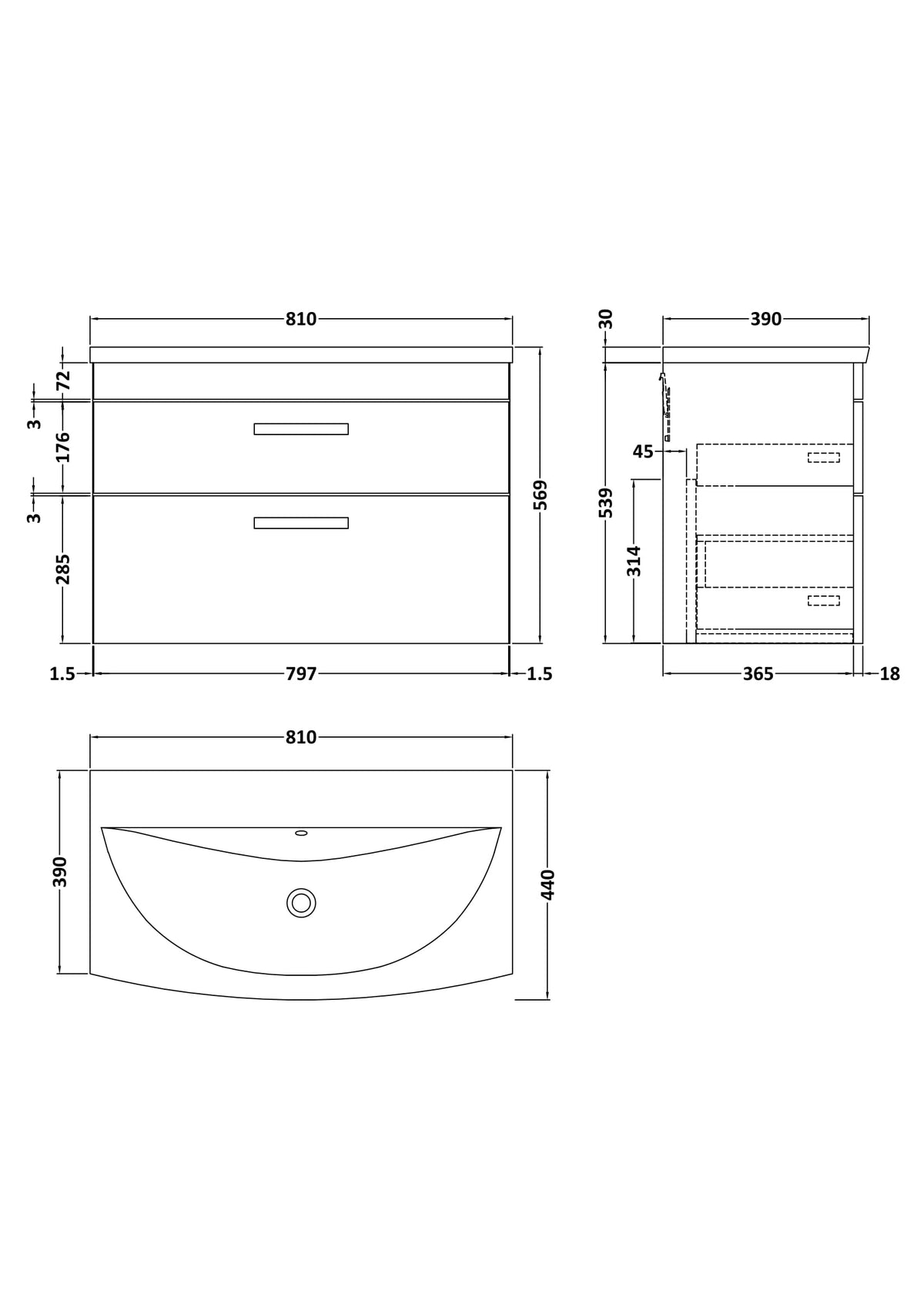 Modern Splash 800mm Anthracite Woodgrain 2 Drawer Wall Hung Vanity Unit With Curved Basin