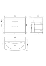 Modern Splash 800mm Anthracite Woodgrain 2 Drawer Wall Hung Vanity Unit With Curved Basin